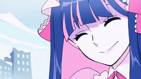 a GIF of Stocking dressed in a pink Sweet Lolita coordinate meeting her date. She smiles sweetly at the camera and her cheeks blush pink.