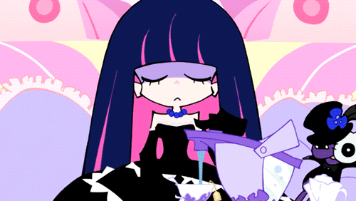 a GIF of Stocking sitting luxuriously on a couch with many pillows, using a hot water dispenser, two lumps of sugar, and creme to make Royal Milk Tea. She's dressed in a black ball gown with triangular white lace trim accents, along with black opera gloves