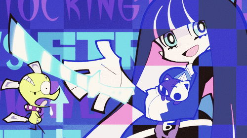 a GIF of Stocking from the anime OP, showing her and her Stripes II weapon, with Chuck in the lower left corner running. The two are zapped and we can see the contents of their thoughts.
