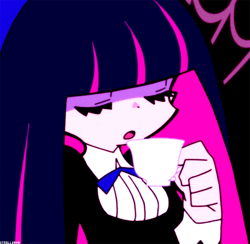 a GIF of Stocking raising a teacup to her mouth, then speaking nonchalantly. Her eyes are lowered so her signature lashes are showing.